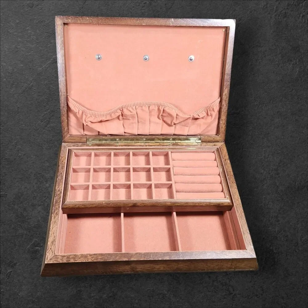 Vintage 1970s Wood Jewelry Box Orange Velvet Parquet Lid Jay Import Co 13